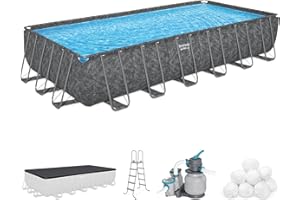 Bestway APX 365 24' x 12' x 52" Rectangular Above Ground Swimming Pool Outdoor Framed Pool, with Sand Filter Pump, Ladder, Cover, and Repair Patch