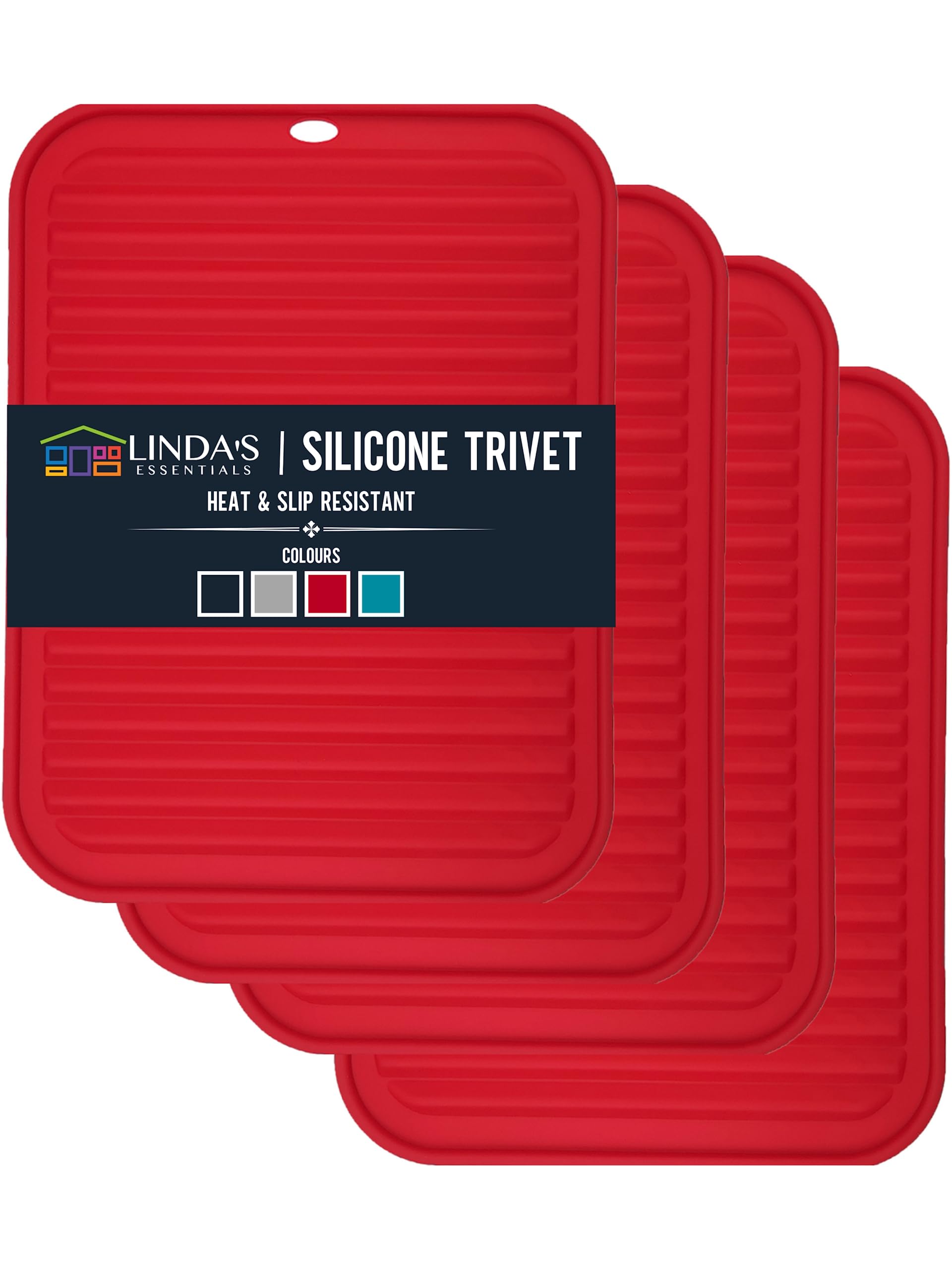 Linda's Essentials Silicone Trivets for Hot Pans and Pots (4 Pack) - Multipurpose Silicone Heat Resistant Mat and Pot Holder Trivet (30 x 23cm) - Heatproof Mats for Kitchen (Red)
