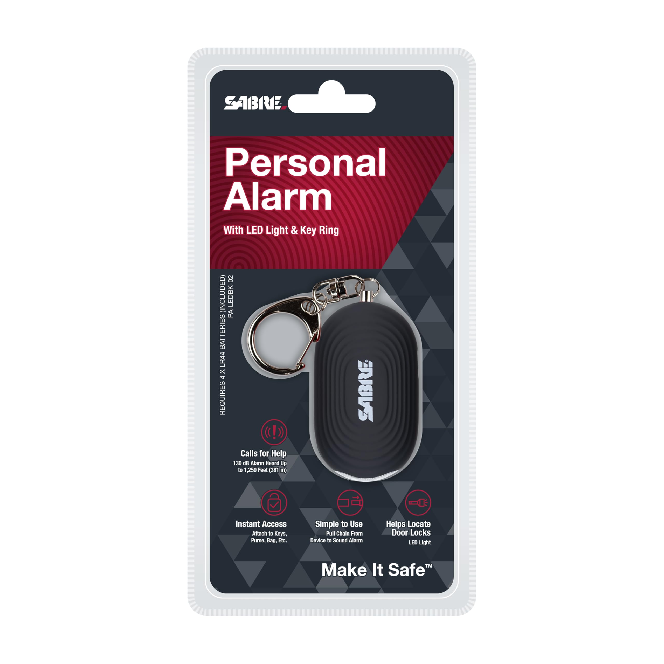 SABRE 2-in-1 Personal Alarm with LED Light, 130dB Personal Safety Siren, Snap Hook for Instant Access, 1,250 Foot (381 Meters) Range, Compact Design for Easy Attachment to Purse, Bag, or Keys