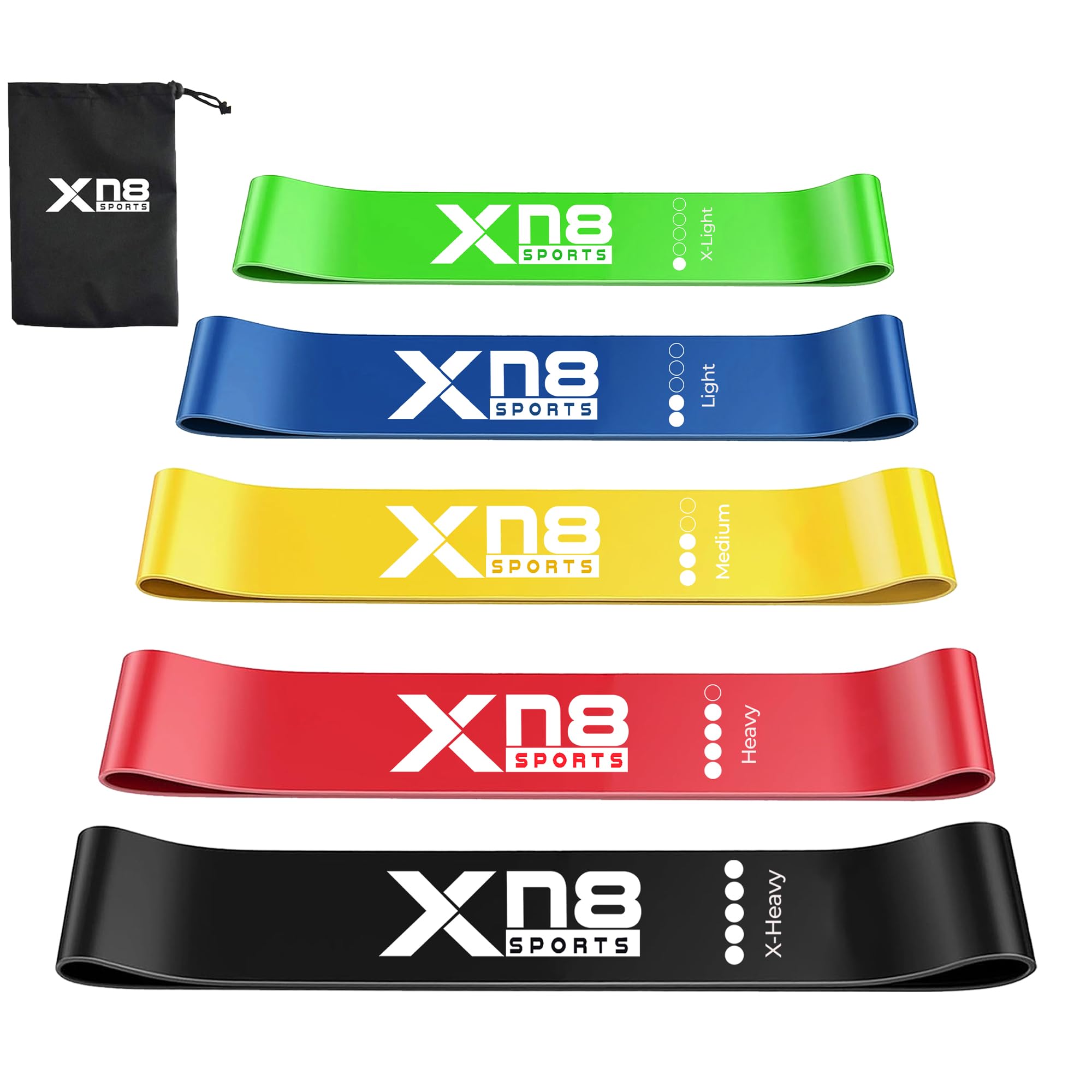 XN8 Sports Resistance Bands Set of 5, Fitness Bands for Shaping Legs & Glutes Exercise Loop Band for Gym, Yoga, Home Exercise, Workout, Elastic Band for Men & Women Workout with Carrying Bag