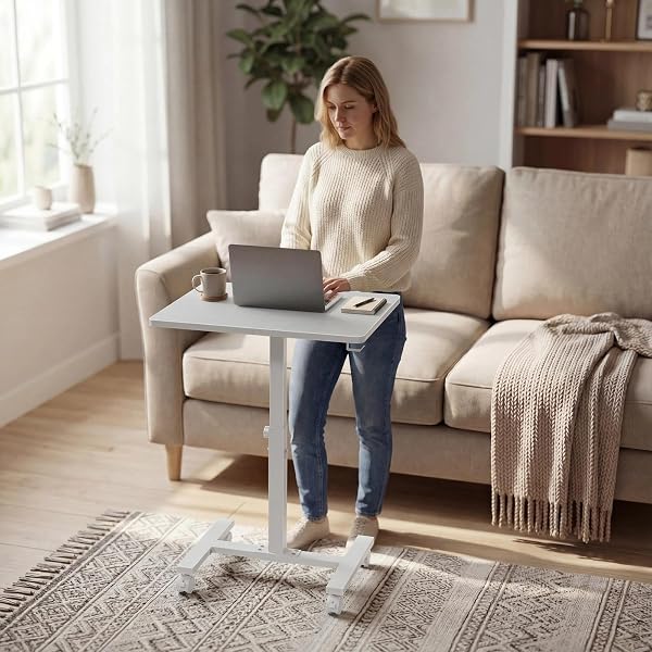 WINAZ SMALL WHITE STANDING ROLLING DESK – 24 INCH PORTABLE MOBILE STAND UP KIDS DESK ADJUSTABLE HEIGHT WITH WHEELS FOR SMALL SPACES, COUCH LAPTOP DESKS SIDE END TABLE FOR HOME OFFICE