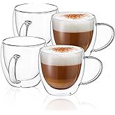 CNGLASS 8.5oz Glass Coffee Mug,Double Wall Insulated Glass Mugs with Handle,Clear Espresso Mugs for Latte,Cappuccino,Tea Bag,Set of 4