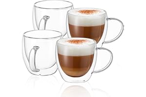 CNGLASS Double Wall Glass Coffee Mugs with Handle,8.5oz Clear Insulated Glass Espresso Cups for Hot and Cold Beverages,Latte,