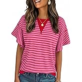 Acelitt Women Crewneck Short Sleeve Striped Tops,S-XXL