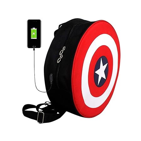 SWAGG Unisex Polyester Fabric Avengers Captain America Shield Backpack with USB Port (Red, Black)