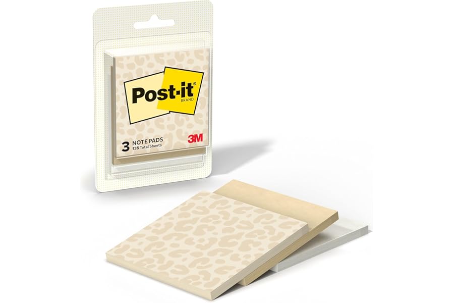 Post-it Polished Patterns Sticky Notes, Spot On Design Featuring 1 Leopard Pattern, 1 Sand Dune, and 1 Cloud Dancer Sticky Note Pad, 3 in. x 2.9 in., 45 Sheets per Pad
