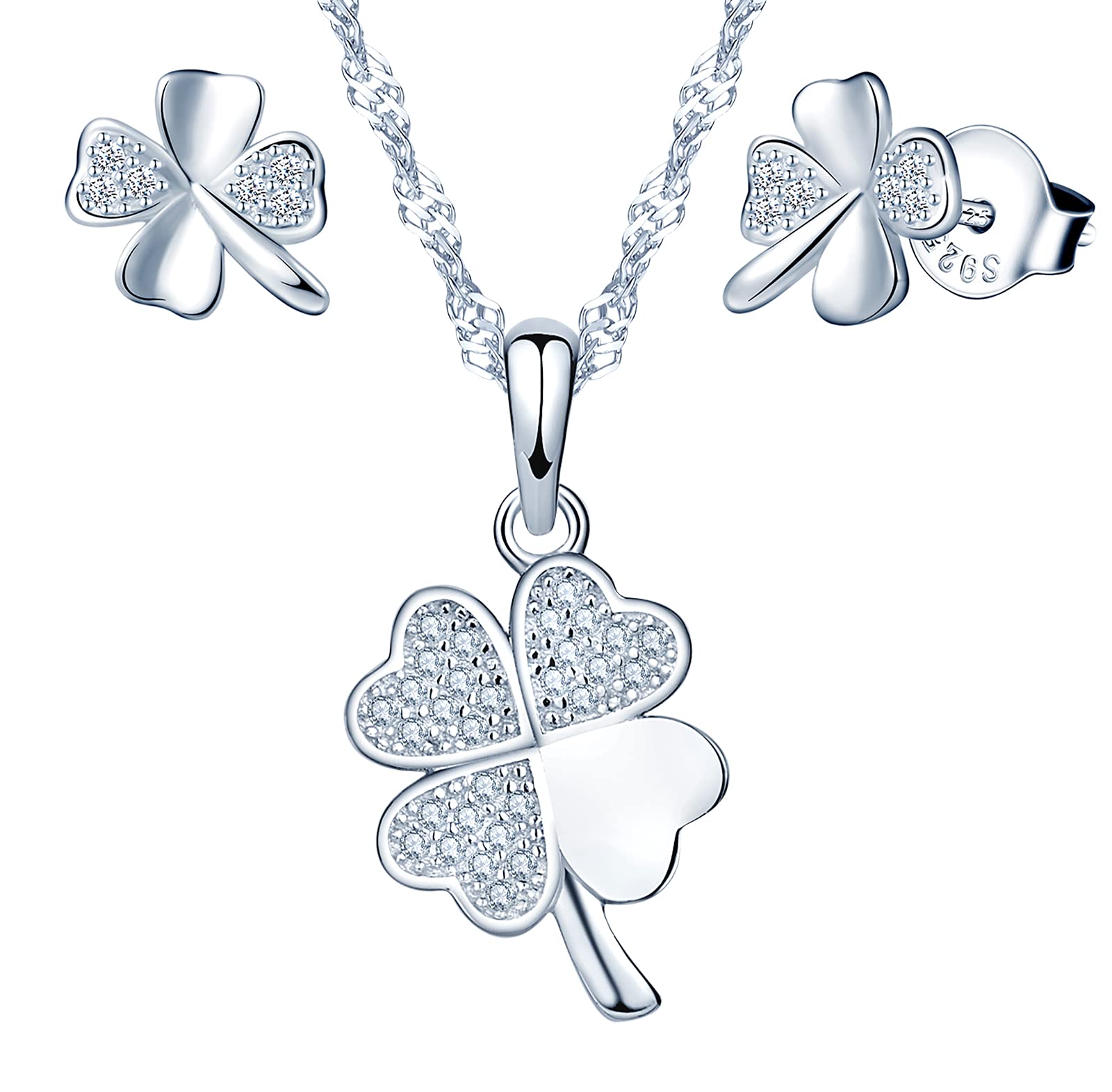 Yumilok Jewelry 925 Sterling Silver Cubic Zirconia Lucky Four Leaf Clover Pendant Necklace for Women/Girls with Box (Jewelry Set)