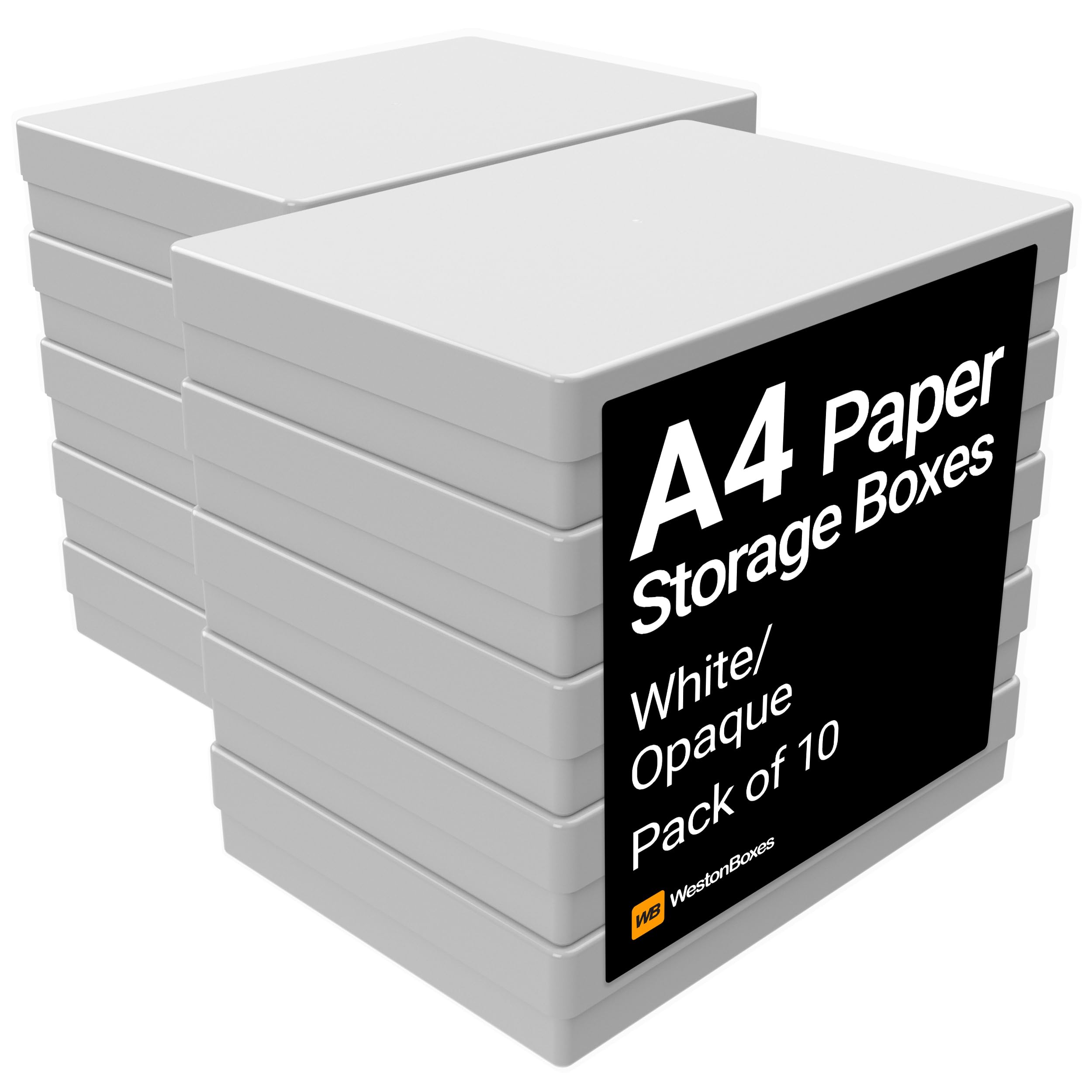 WestonBoxes A4 Opaque and Impact Resistant Craft Storage Boxes with Lids for Art Supplies, Paper and Card - 3.6 litre volume ( Opaque White / Pack of 10 )