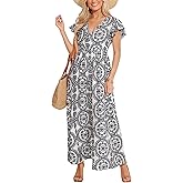 CUPSHE Women's Flutter Sleeve Summer Maxi Dresses Boho Paisley V Neck Vacation Dress Elastic Waist Split Long Flowy Sundress