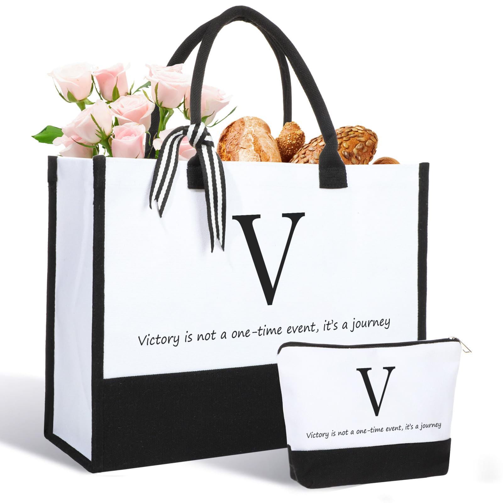 Photo 1 of MOORIIY Initial Canvas Tote Bag Christmas Personalized Gifts For Women Monogrammed Tote Bag with Makeup Bag Bridesmaid Gift Bag