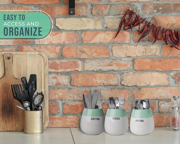 COMFIFY CERAMIC HONEYPOT CUTLERY HOLDER – SET OF 3 – SAGE GREEN AND WHITE FARMHOUSE SILVERWARE CADDY FOR KITCHEN COUNTERTOP – SPOON, FORK & KNIFE ORGANIZER FOR PARTIES – RUSTIC CERAMIC