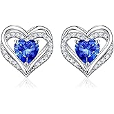 Iefil Birthstone Earrings for Women - 925 Sterling Silver Heart Stud Earrings Birthday Gifts for Women