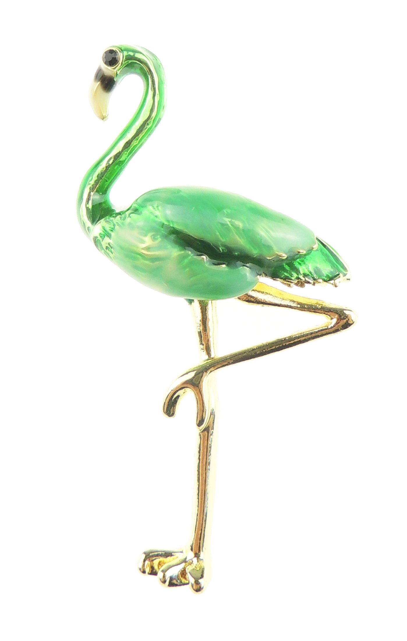 Bird Lover Wildlife Enamel Pink Flamingo Standing Leg Evening Wedding Brooch Lapel Pin (Green)