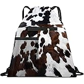 AYBELWG Drawstring Backpack Sports Gym Bag, Large String Swim Bag for Beach With Water Bottle Mesh Pocket, Cute Gym Sack with Zipper Pocket for Men Women Cute Brown Cowhide