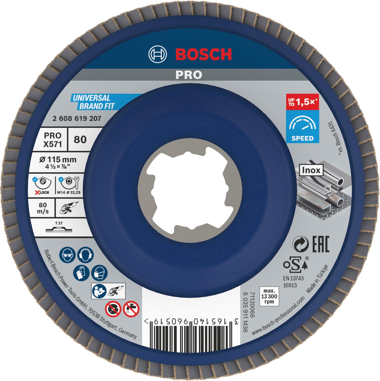 Bosch Professional 1x Straight Flap Disc Best (for Metal, X-LOCK, X571, Diameter 115 mm, Grit Size K80, Bore Diameter 22.23 mm, Accessories for Angle Grinders)