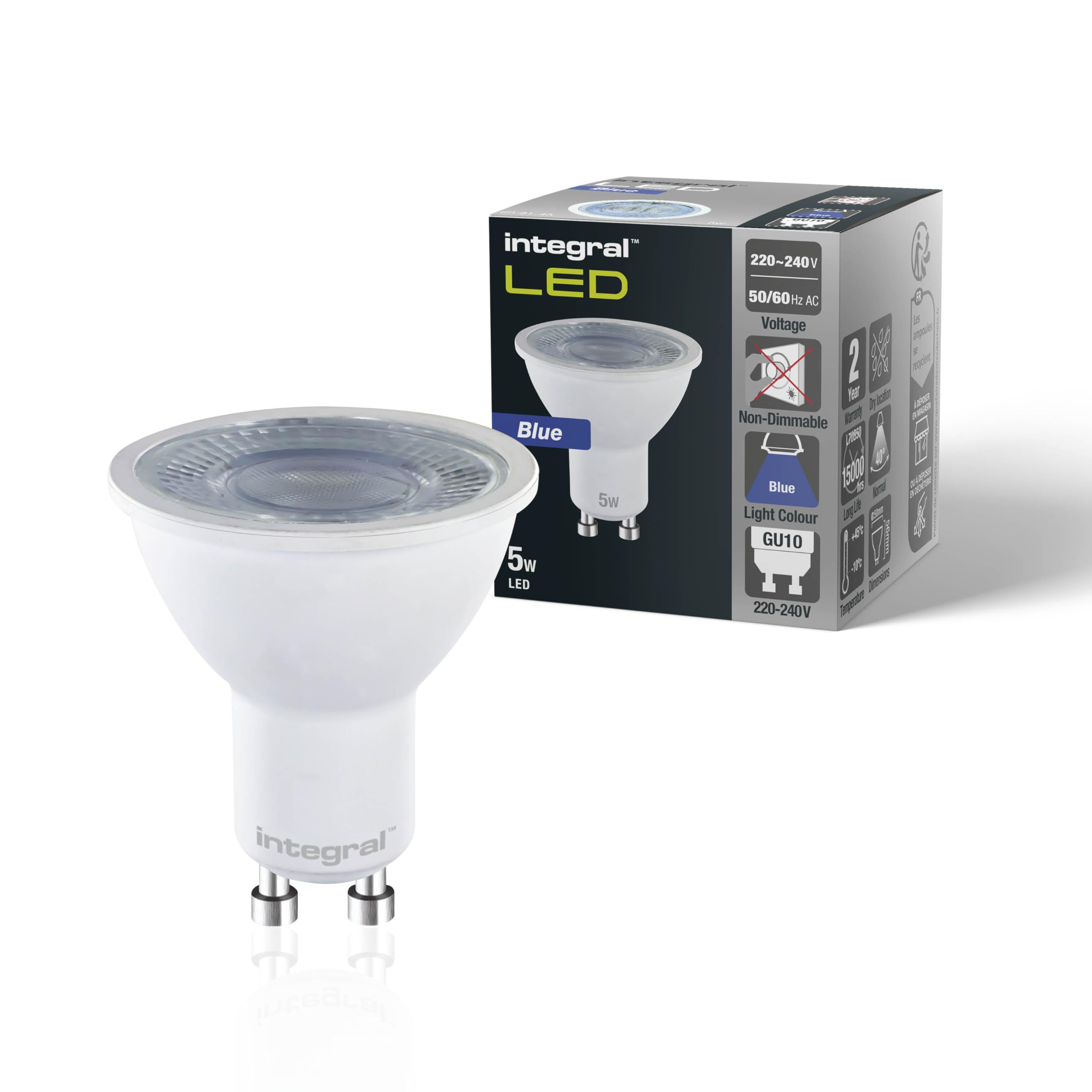 Integral LED 4 - Pack GU10 Blue Colour Spotlight Bulb – 5W (50W Equivalent), 40° Beam Angle - Suitable for Displays, Restaurants, Hotels, Gardens, Decoration & Mood Lighting. — image 1