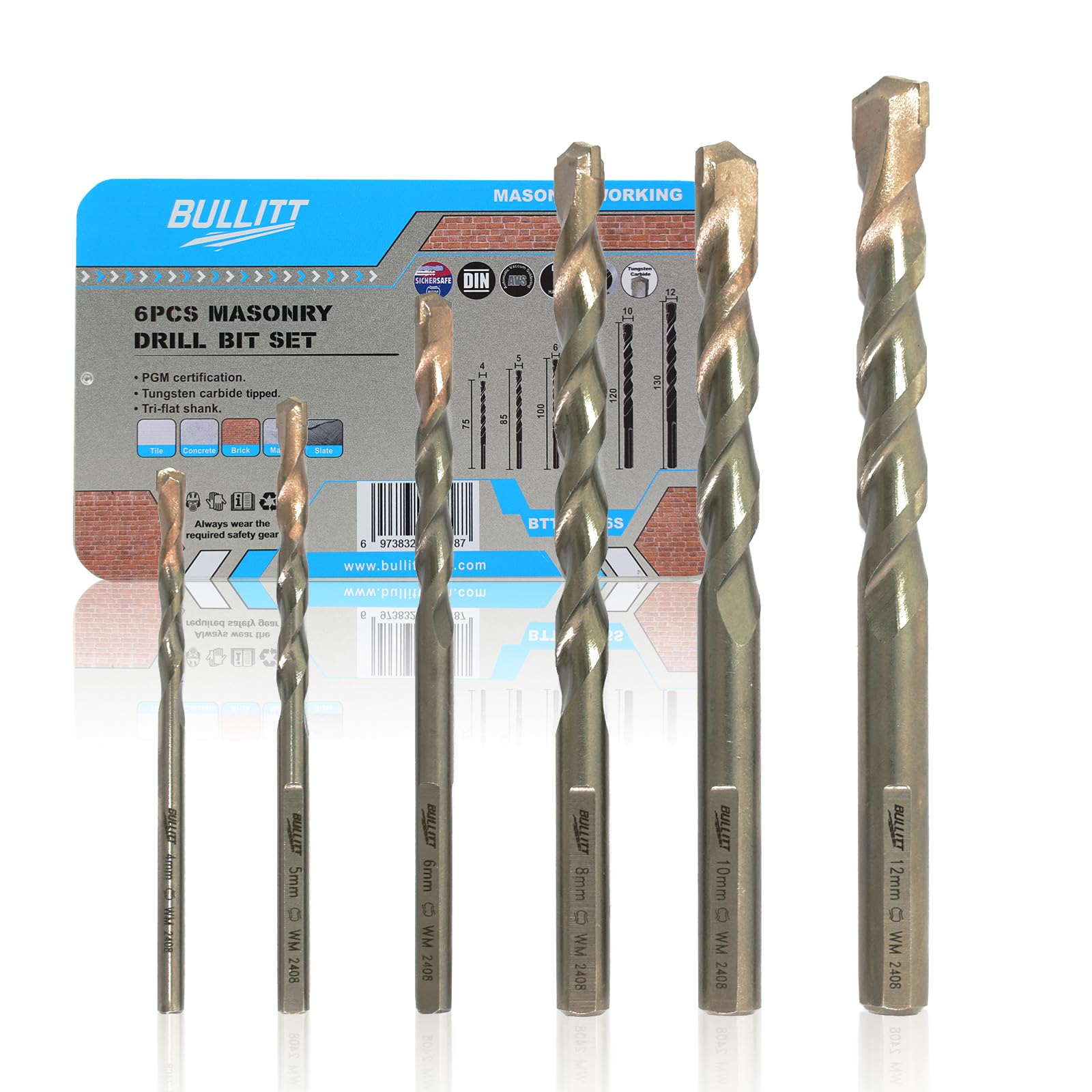 BULLITT 6 Pcs Masonry Drill Bits, PGM Certificated Drill Bit Sets for Masonry, Industrial Strength Concrete Drill Bits Set for Masonry,Block,Brick and Stone (6, Ø4/5/6/8/10/12mm)