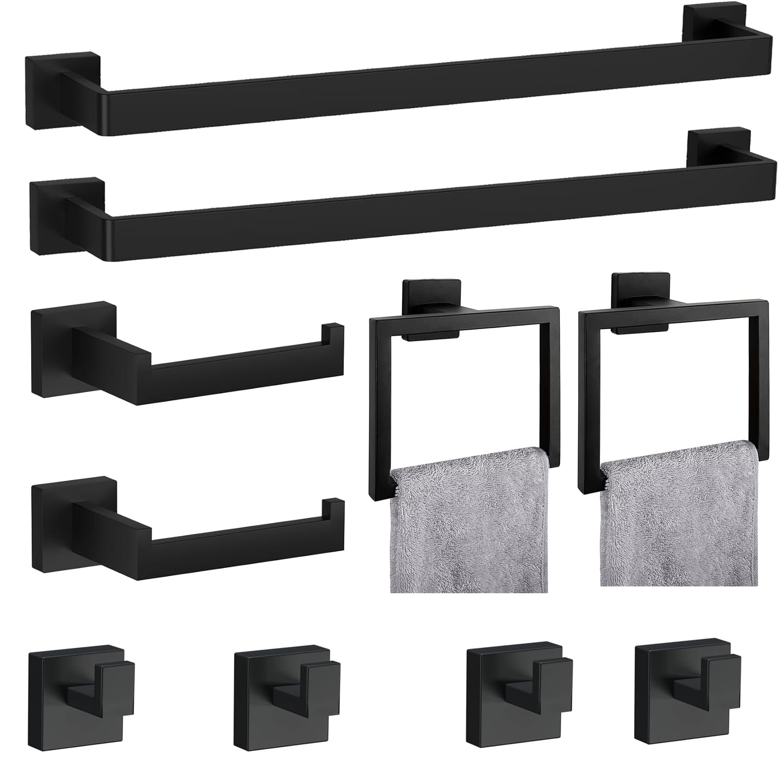 Photo 1 of 10-Pieces Bathroom Accessories Towel Bar Set: 23.6 Inch Matte Black Bath Towel Bar Set Square SUS304 Stainless Steel Bathroom Hardware Set,Towel Racks for Bathroom Wall Mounted