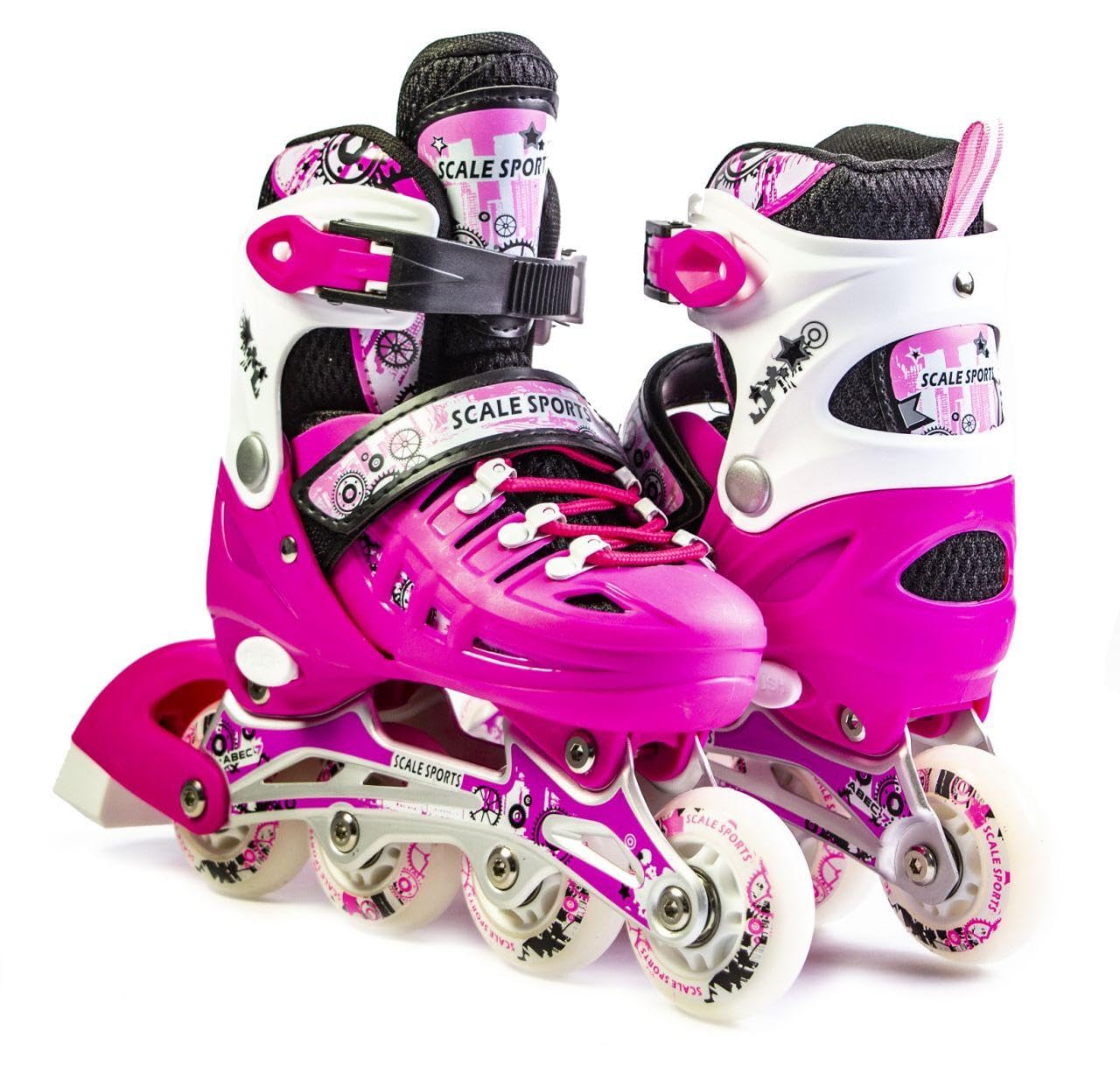 Scale Sports - Adjustuble Roller Skates with light up wheels for children and adults - Kids Inline Roller Skates (pink, UK 2-4.5 (EU 34-37) M)