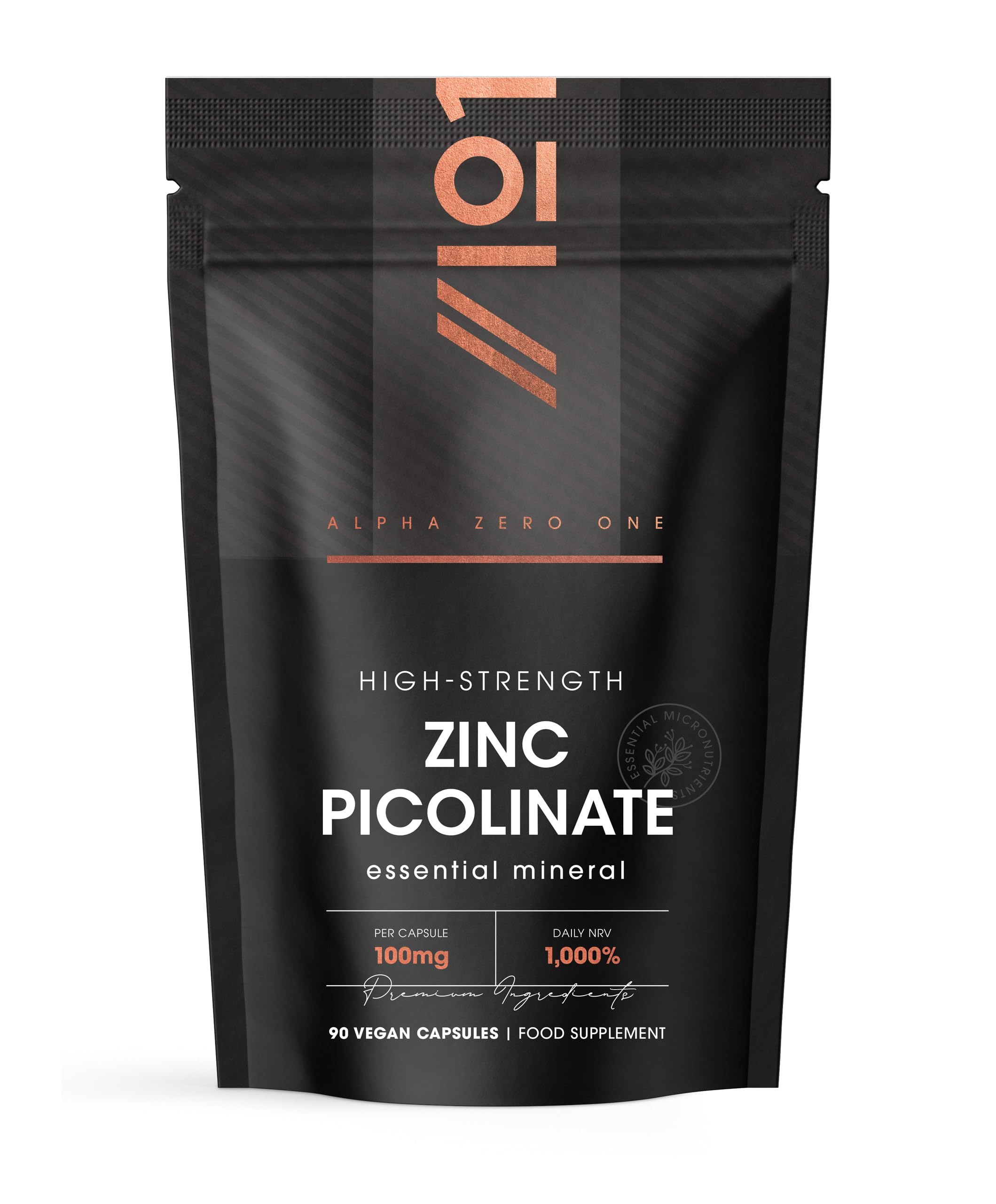 Zinc Picolinate 100mg - Immune Suport Elemental Zinc Picolinate - 90 Vegan Capsules (3 Months Supply) - Resealable and Recyclable Pouch By Alpha01