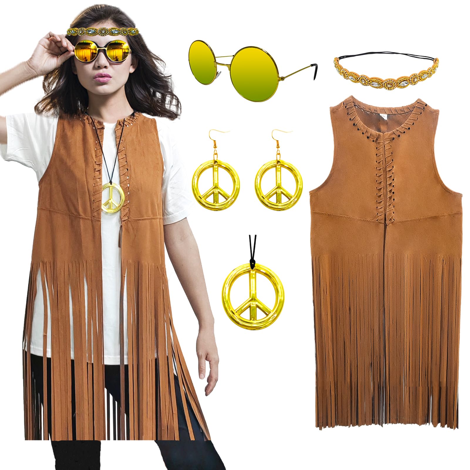 XonyiCos 60s 70s Fancy Dress Women Hippie Costume Fringe Vest Faux Suede Tassel Vest Bohemia Headband Hippie Party Costume For Halloween (Brown, XXL)
