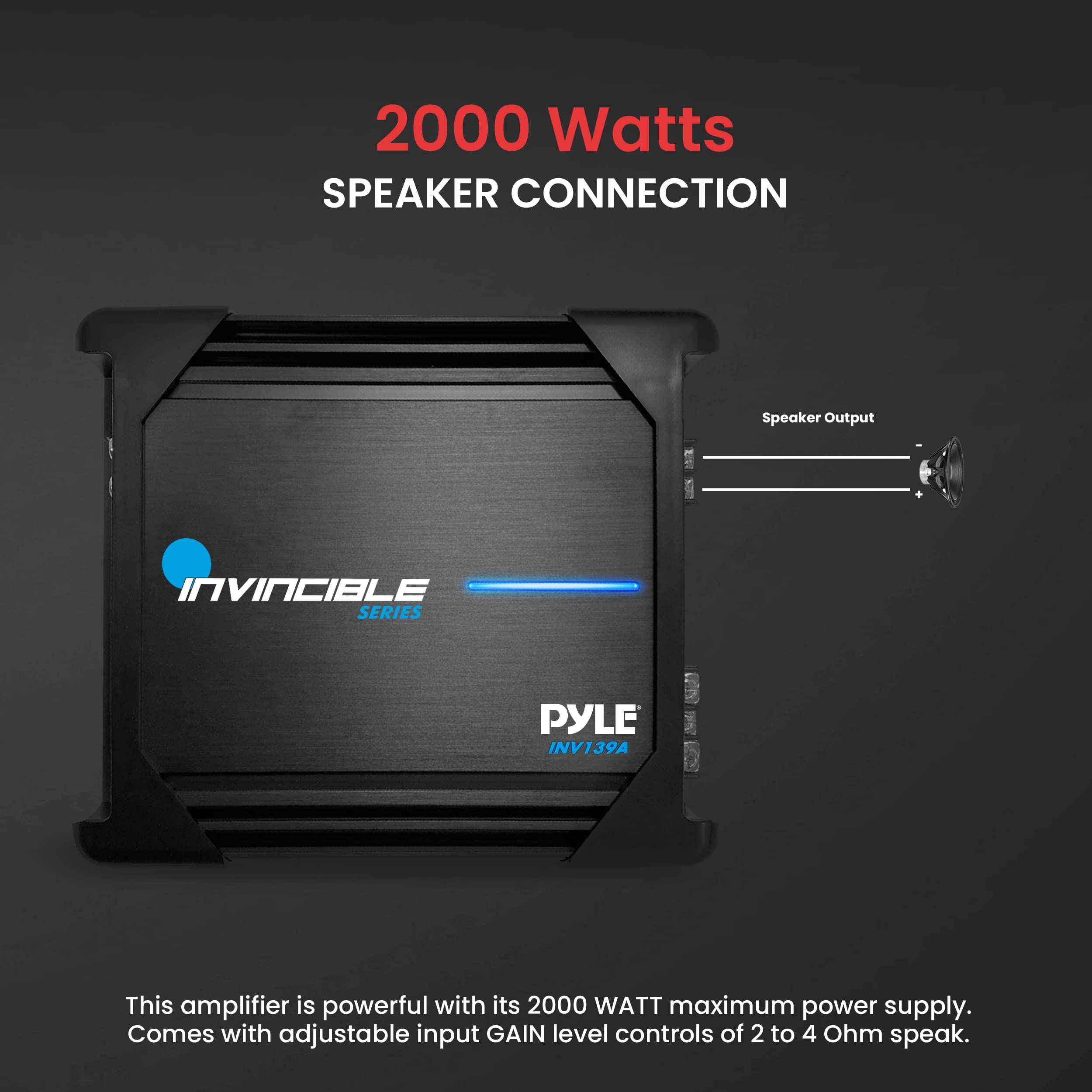 Pyle 9” Class AB Mosfet Amplifier - Invincible Series Monoblock Amp, 1 Channel 2000 Watts Max, Mosfet PWM Power Supply, High-Current Dual Discrete Drive Stages, Advanced Protection Circuitry
