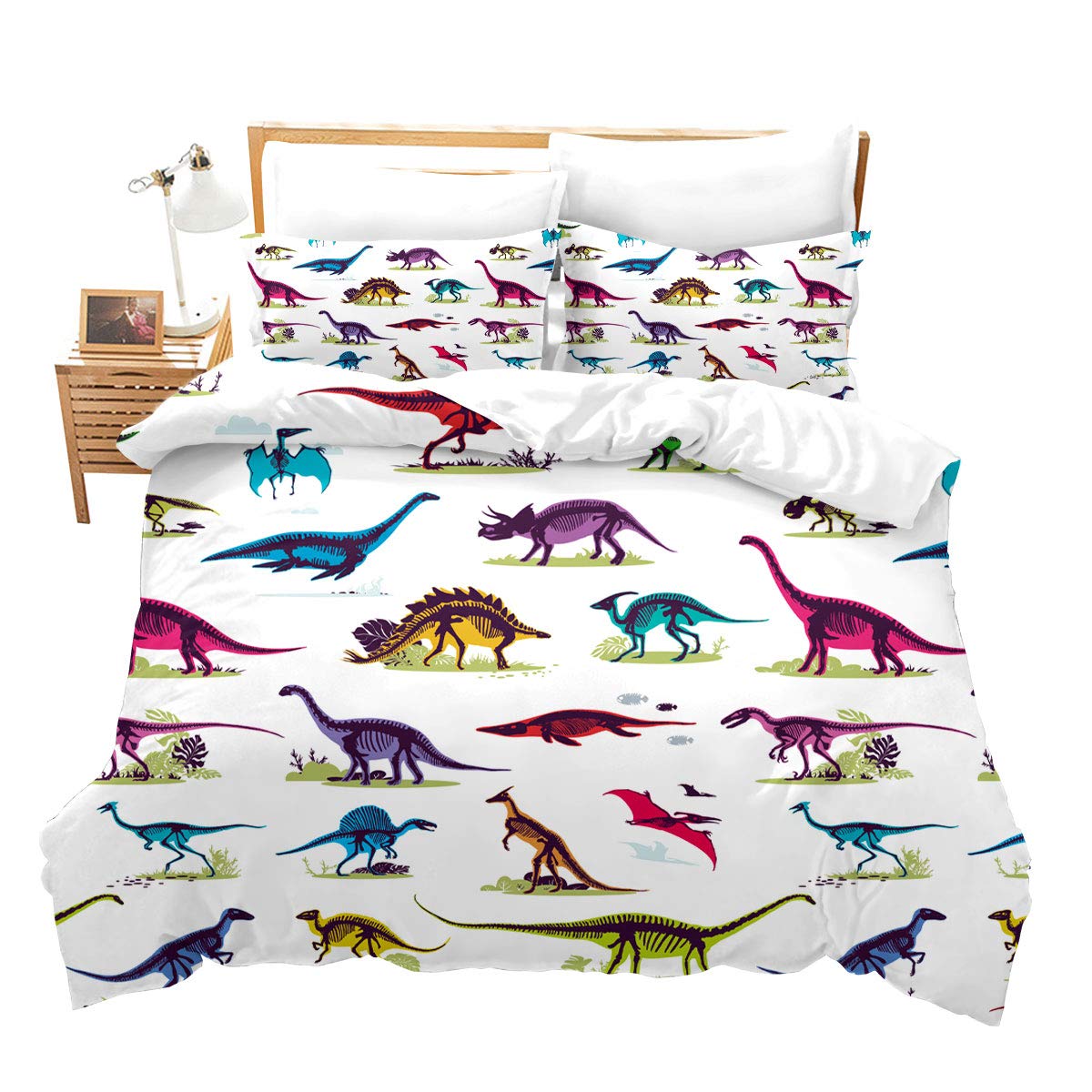 Loussiesd Boys Kids Duvet Cover Set Single Size Dinosaur Bedding Set 3D Cartoon Wildlife Print Comforter Cover Ancient Animals Bedspread Cover Multicolor Baby Toddler Microfiber Quilt Cover
