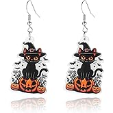 Halloween Cute Black Cat with Witch Hat Sitting on Pumpkin Earrings Acrylic Bat Earrings Halloween Accessories Jewelry Decor