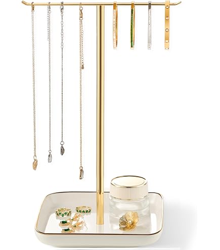 Modern 4-Layer Jewelry Organizer Tower - Gold T-Shaped Display Stand For Necklaces, Bracelets, Earrings, Rings