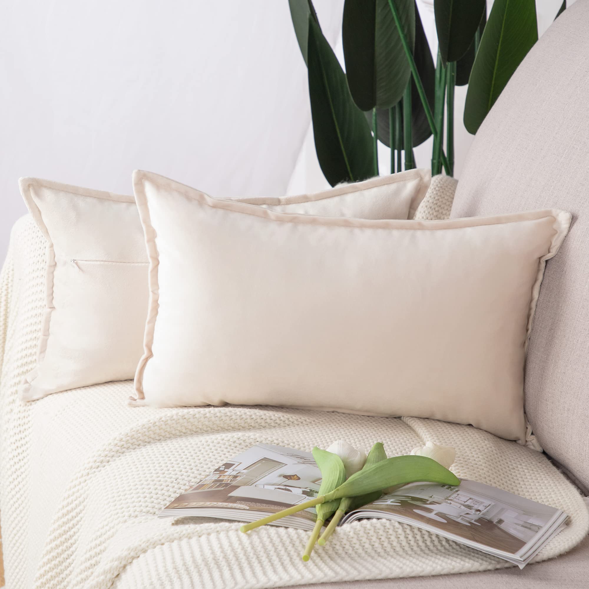 Madizz Pack of 2 Super Soft Velvet Decorative Cushion Covers with Fringe Luxury Style Cushion Case Pillow Shell for Sofa Bedroom Beige 12x20 inch, 30x50 cm Rectangular