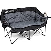 Huskfirm Double Camping Chair Oversized Padded Camping Chairs for Adults Folding Loveseat with Cup Holders and Side Pockets Heavy Duty Outdoor Lawn Chairs for Camping,Sports, Fishing,Beach,Black