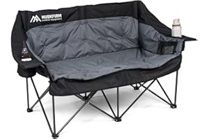 HUSKFIRM Double Camping Chair Oversized Padded Camping Chairs for Adults Folding Loveseat with Cup Holders and Side Pockets Heavy Duty Outdoor Lawn Chairs for Camping,Sports, Fishing,Beach,Black