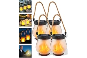YYDSNB Solar Lantern Outdoor Lights Waterproof, Dancing Flame Solar Lantern Outdoor Lights, Kaligo Hemp Rope Hanging Flame Lanterns for Garden Yard Decorations (4 Pack)