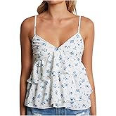 Women Y2K Floral Babydoll Top Sleeveless Spaghetti Strap Ruffle Tank Top Summer Cute Flower Print Peplum Cami Vest