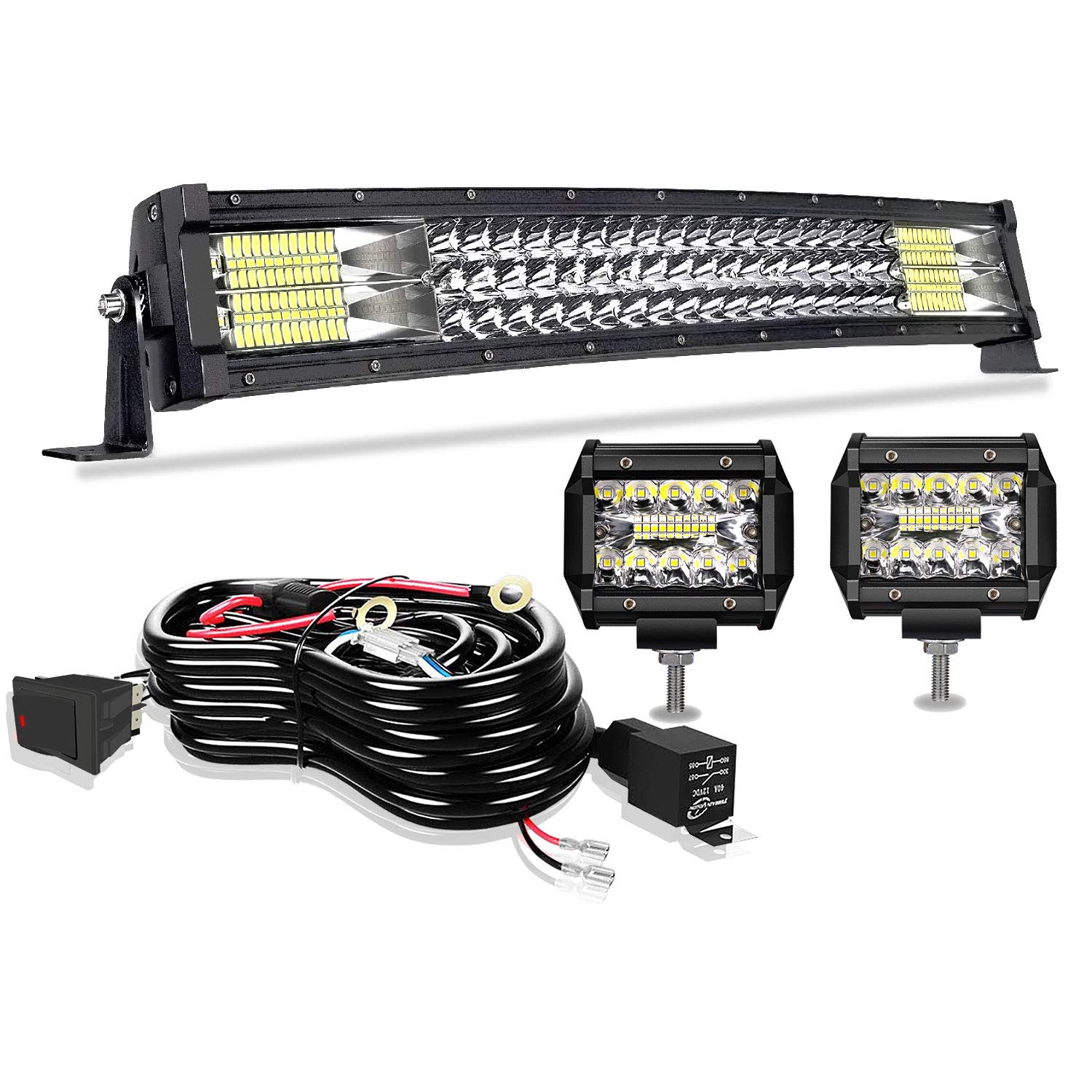 Led Light Bar Curved TERRAIN VISION 22 Inch Triple Row Spot Flood Combo Beam Light bar 2Pc 4Inch Led Fog Lights W/Wiring Harness for Jeep Trucks ATV Polaris Boat