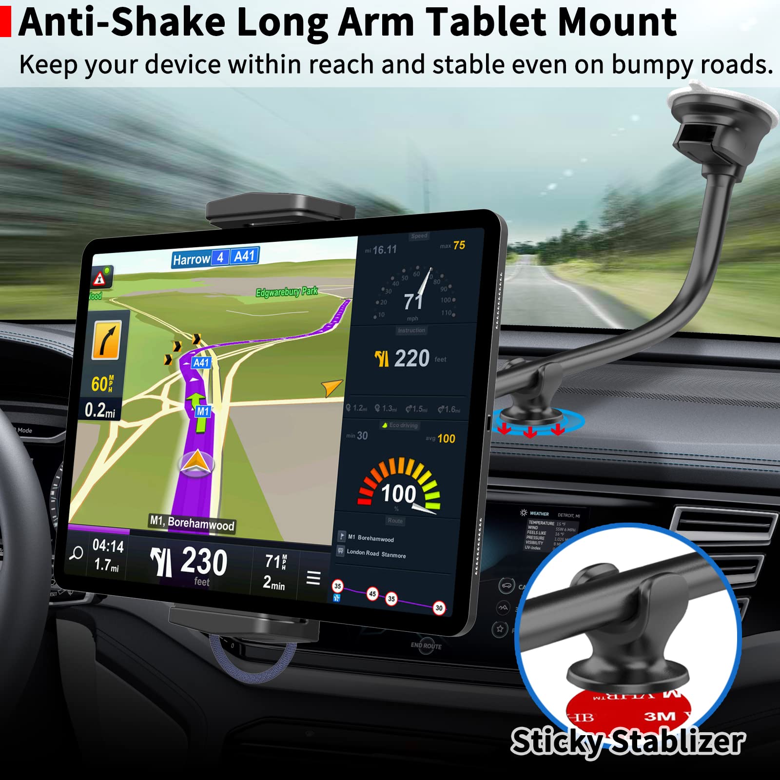 APPS2Car Upgraded Tablet Car Mount for iPad Truck Holder Long Arm Extension Strong Suction Cup Windshield Mount for 7-13 Inch Tablet iPad Pro Air Mini