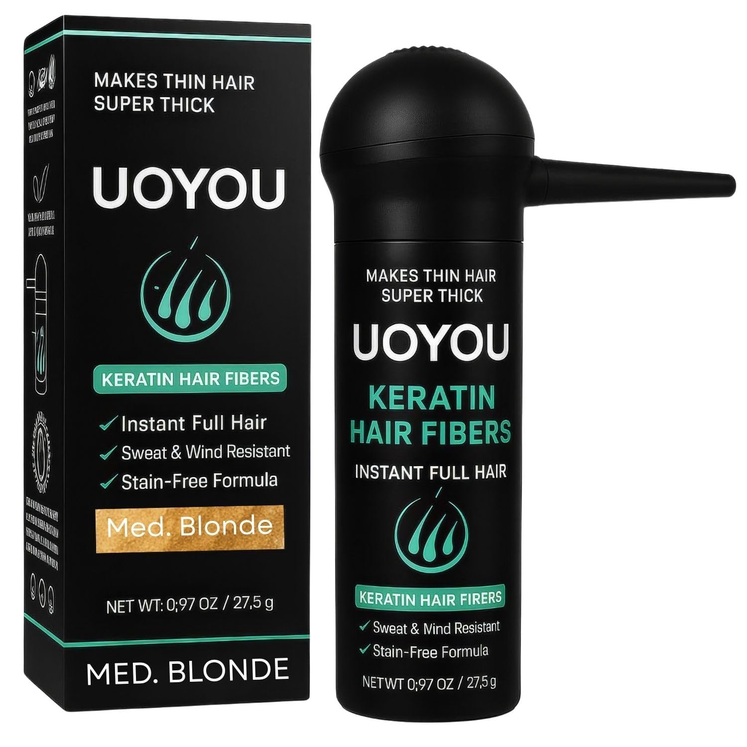 UOYOU Hair Fibres MEDIUM BLONDE 27.5g with Pump Applicator – Natural Keratin Hair Building Fibers for Thinning Hair – Undetectable, Sweat- & Wind-Resistant Concealer for Men & Women