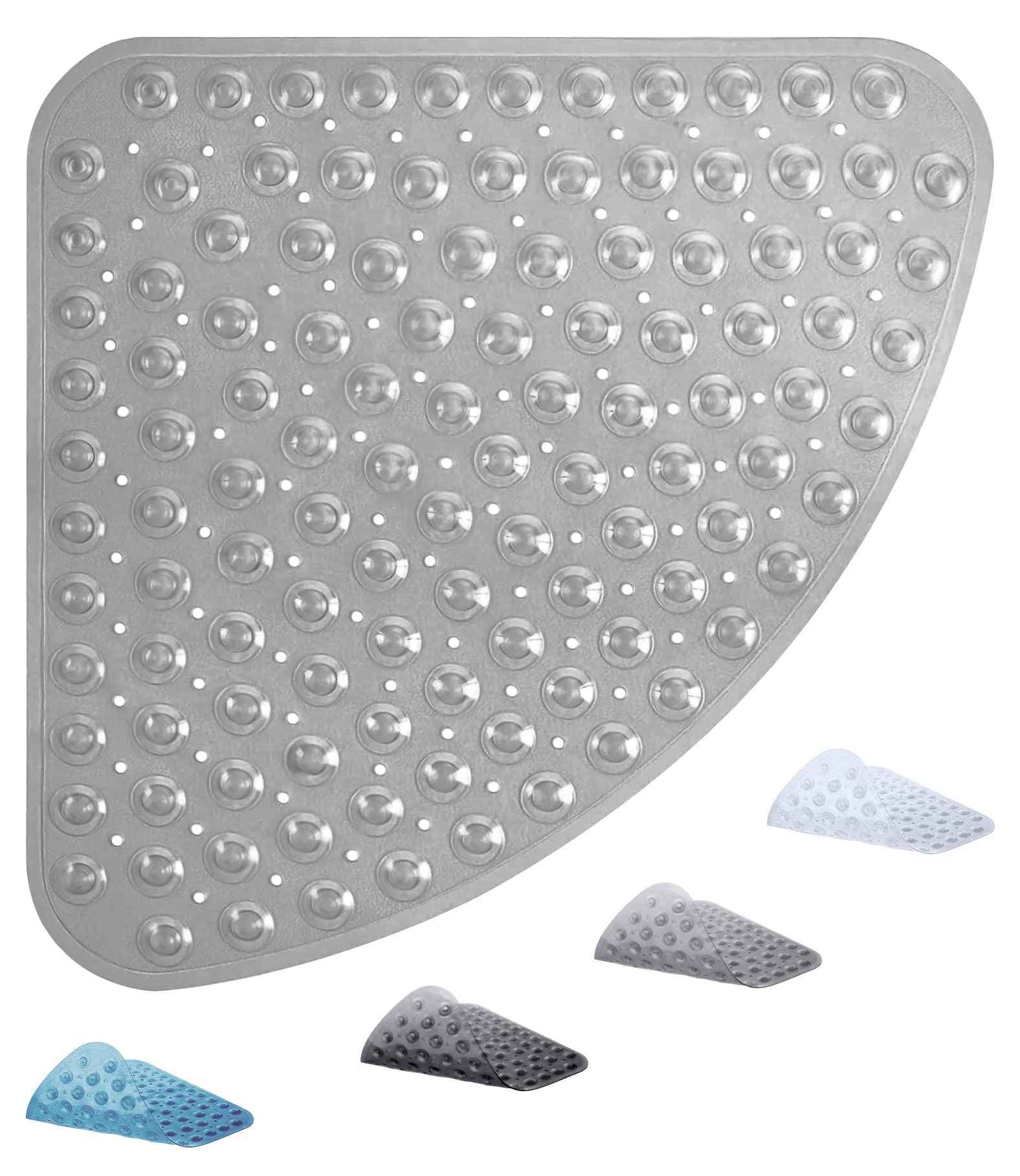 ADOV Corner Shower Mat, 54x54cm Curved Non Slip Anti-Mould Bath Mat, Quadrant Rubber Mat for Inside Shower Bathroom Floor, Machine Washable Sector Shower Mats with Strong Quick Dry Suction Cups- Grey