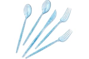 Rubtlamp 180 Pcs Blue Glitter Plastic Silverware, Clear Blue Plastic Cutlery, Heavy Duty Blue Plastic Utensils Set,Disposable Blue Flatware Include 60Blue Forks, 60Blue Spoons,60Blue Knives for Party