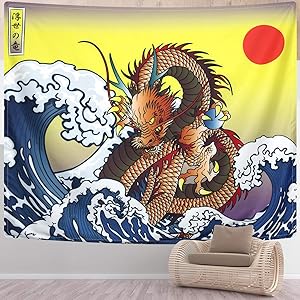 SENYYI Japanese Ukiyo-e Tapestry Wall Hanging Great Wave Kanagawa Tapestry Ocean Sunset Tapestry 3D Dragon Home Decor for Room (59.1 x 82.7 inches)