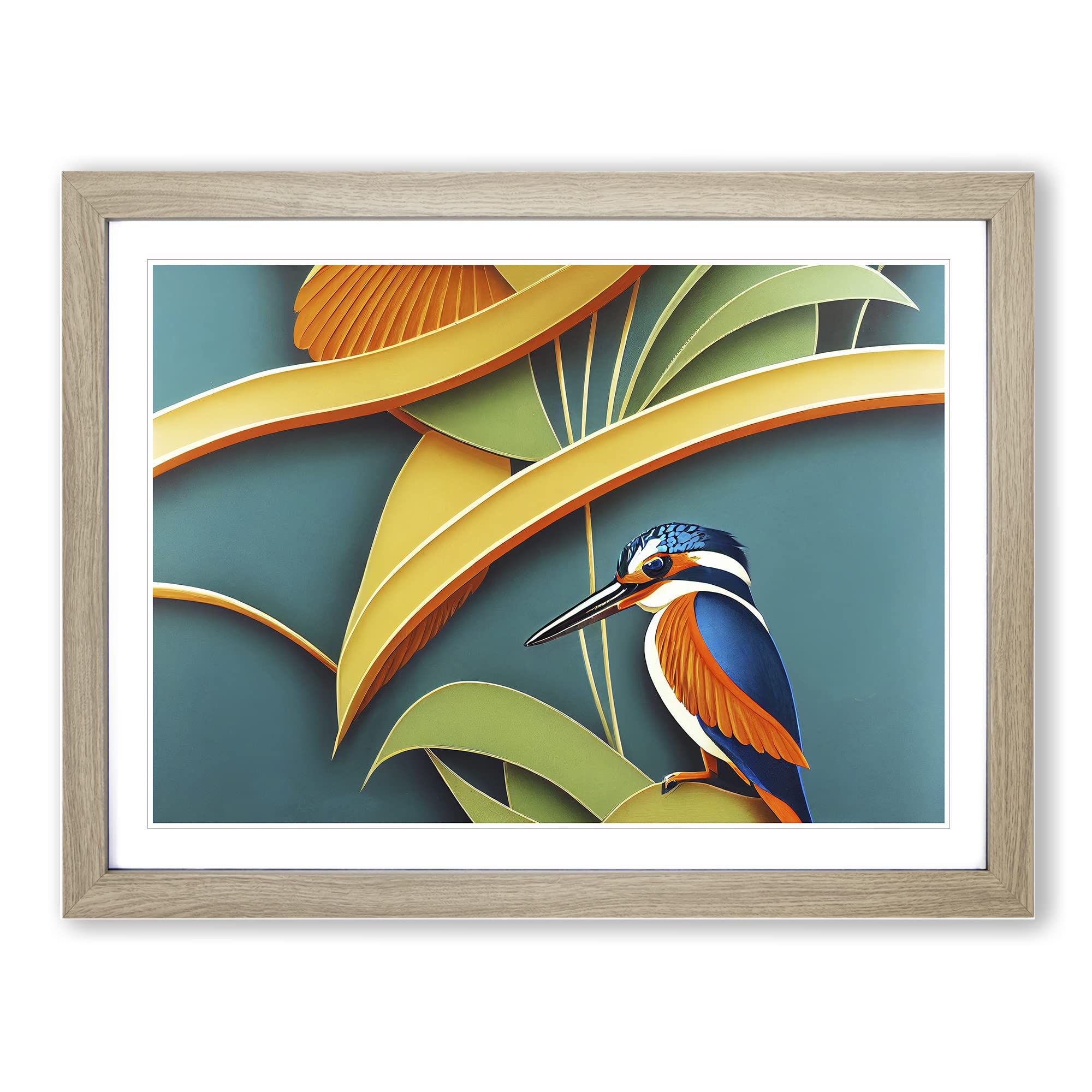 Kingfisher Art Deco Style Framed Print | A4 Oak Framed Wall Art | Ready to Hang | Art Deco Nature Picture | Living Room Bedroom Lounge Office