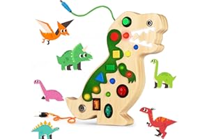 BITICOLOR Montessori Busy Board Toy for Toddlers Busy Board with 10 LED Lights Switches Wooden Dinosaur Busy Board Toy Sensory Activity Board for Toddlers Travel Toy for Boys & Girls