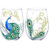 NymphFable Wine Tumbler Hand Painted Stemless Wine Glasses Peacock Set of 2 Wine Tumbler 18oz Personalised Gifts for Her