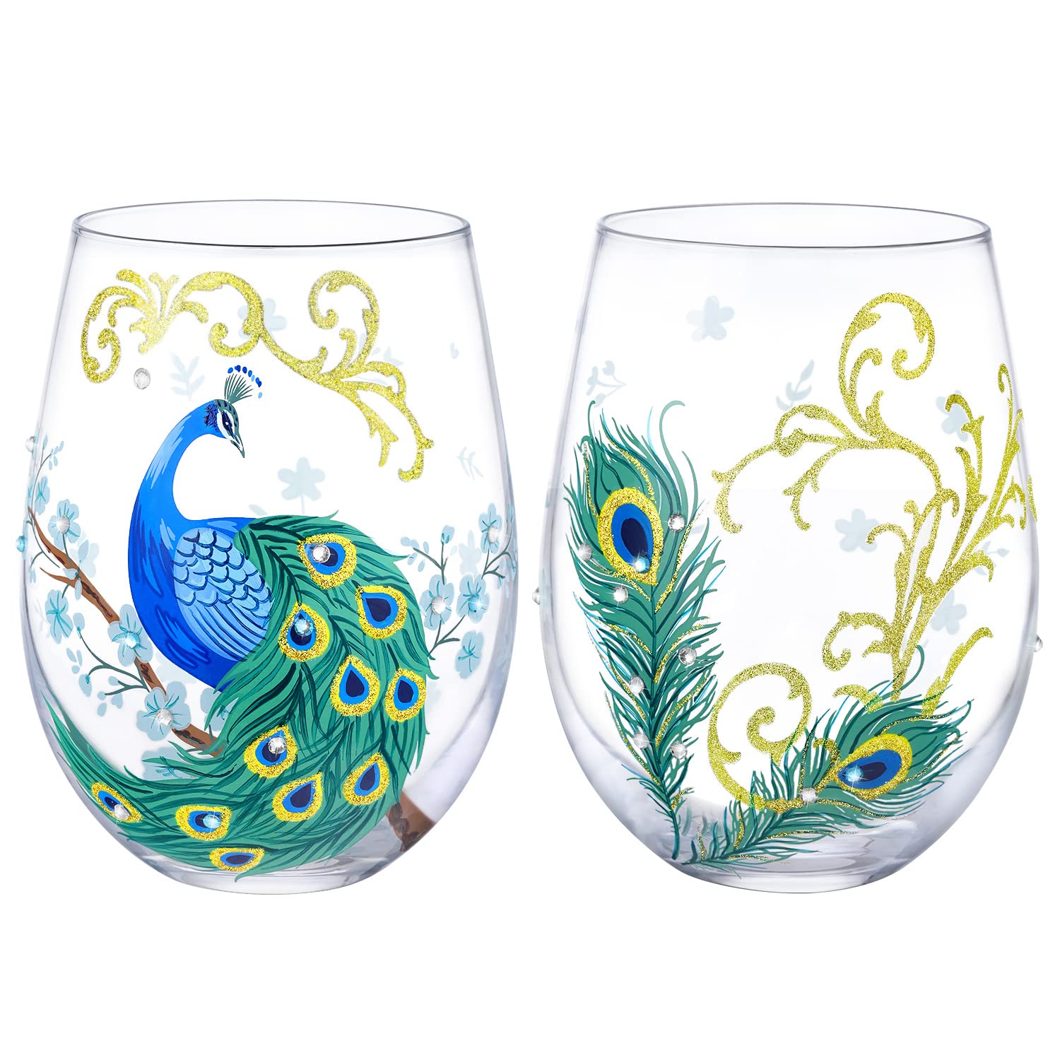 NymphFable Hand Painted Stemless Wine Glass Peacock Glass Set of 2 Wine Tumbler Personalised Gift for Women Friend 18oz