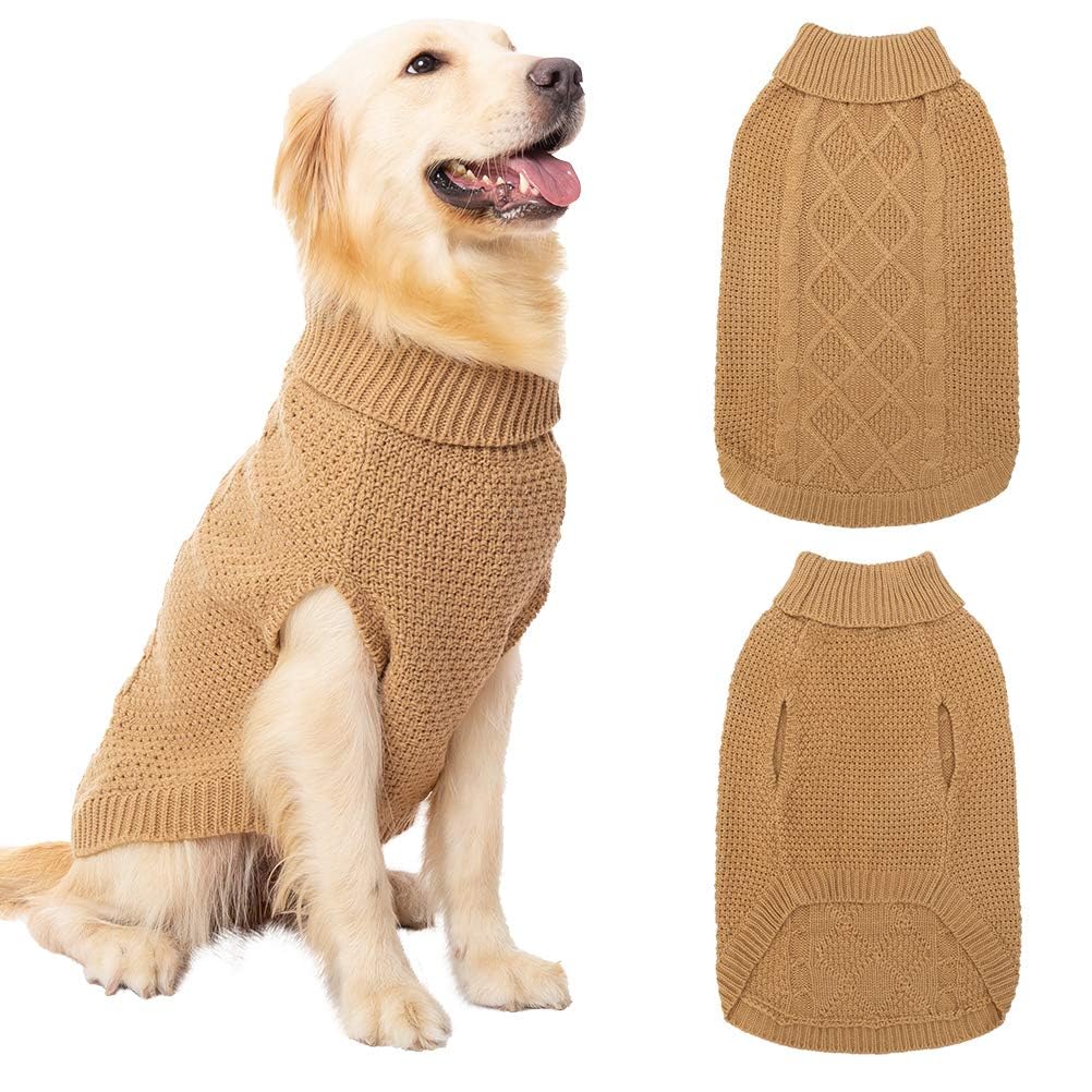 Mihachi Turtleneck Dog Jumper - Dog Sweater Winter Coat Apparel Classic Cable Knit Clothes with Leash Hole for Cold Weather