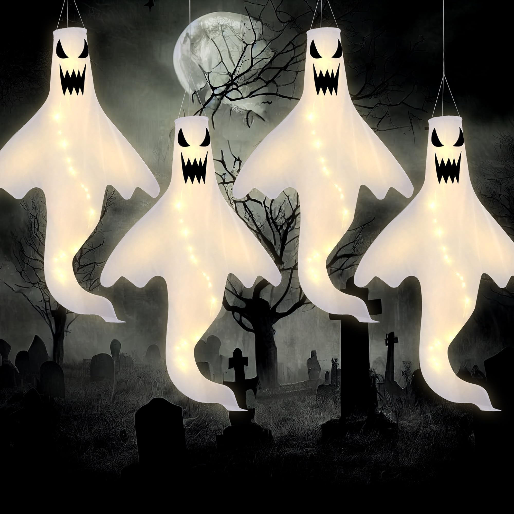 Frienda 2 Pack Halloween Ghost Shape Windsock Flag with Warm White LED Lights, Halloween Outdoor Hanging Decor for Yard Garden Patio Pathway Party Decoration