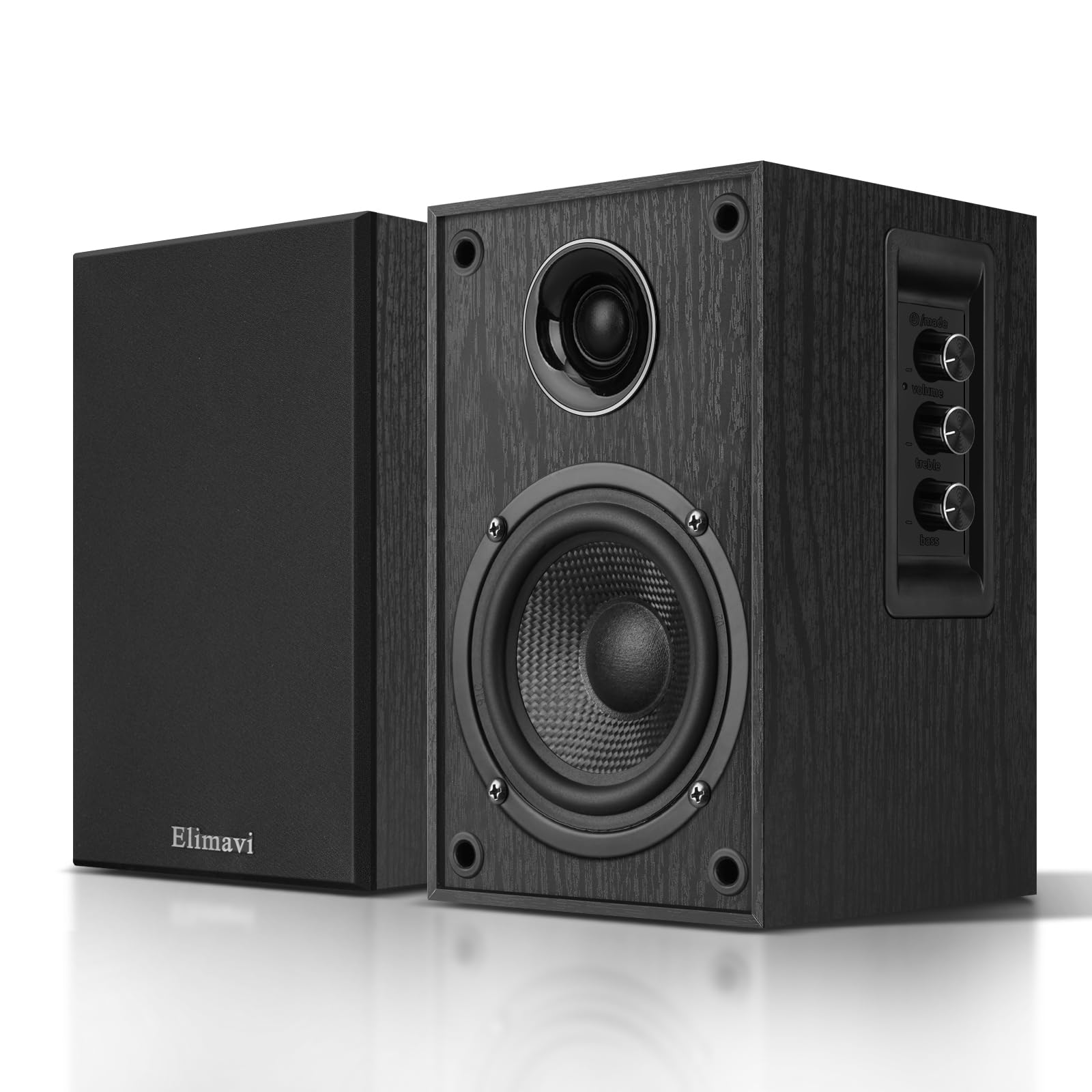 Photo 1 of Elimavi Powered Bluetooth Bookshelf Speakers, Record Player Speakers with 4" Carbon Fiber Woofer and a 1" Silk Dome Tweeter - BT5.3, USB-C, RCA Inputs for TV, PC, Studio Monitor, Black