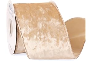 Ribbli Champagne Velvet Wired Ribbon 4 Inch Crushed Velvet Christmas Ribbon for Gift Wrapping Christmas Tree Decoration Crafts Wreaths Supplies-Continuous 10 Yards