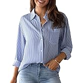 MEILIFIGOO Women's Button Down Shirts Striped Long Sleeve V Neck Classic Shirt Business Casual Tops with Pokets