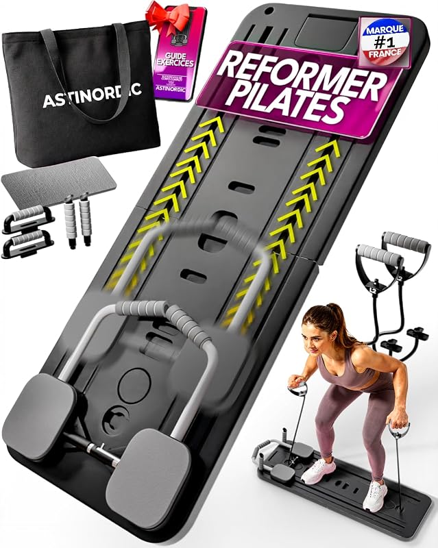 Reformer Pilates Pliable avec Accessoires & Guide 10 Exercices – Pilates Reformer Machine, Pilates Board / Planche Pilates, Mini Reformer Pilates, Appareil de Sport Maison (Noir)